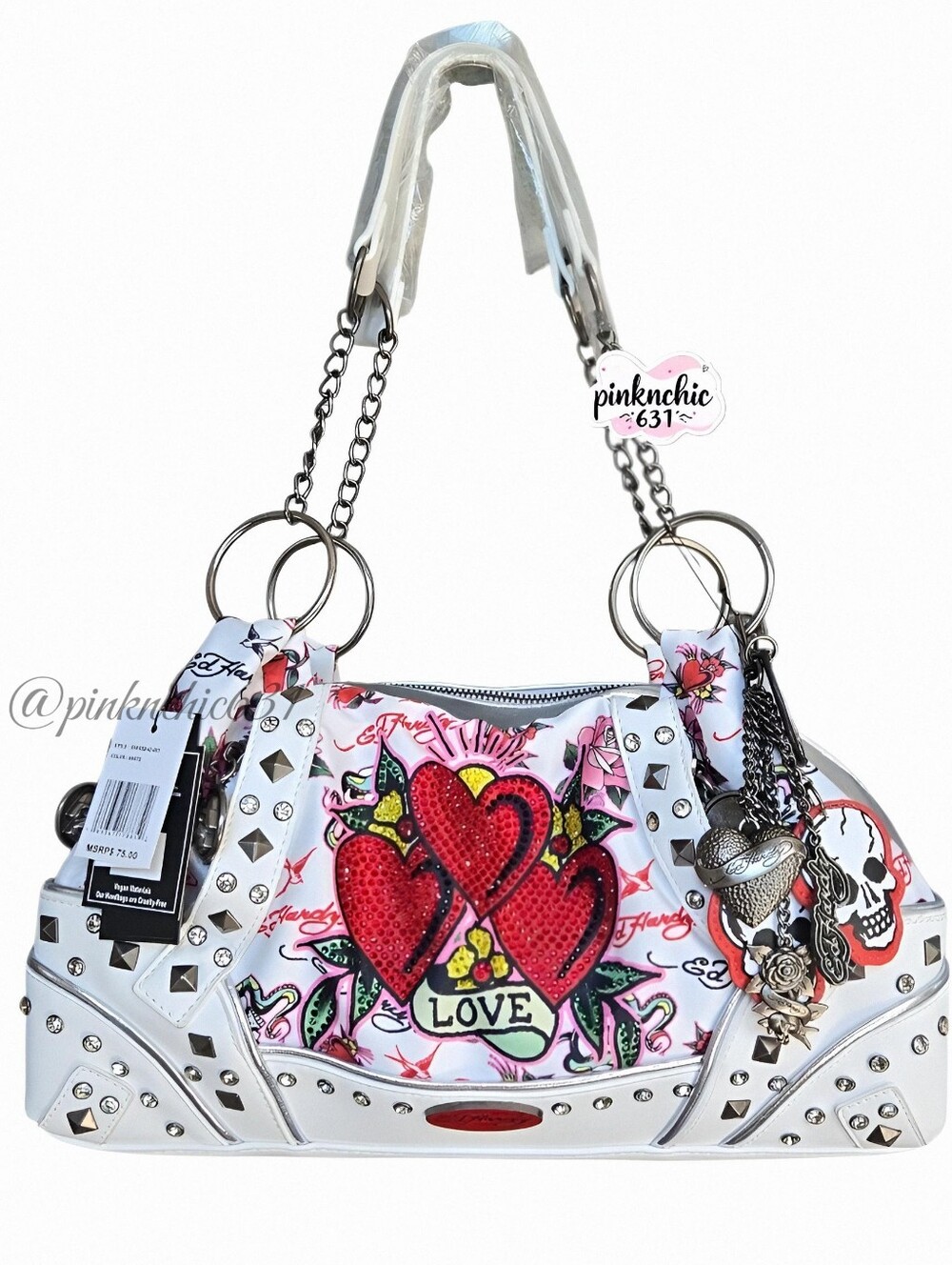 Ed Hardy Heart White Shoulder Bag Tote Purse Studded Rhinestone Charms